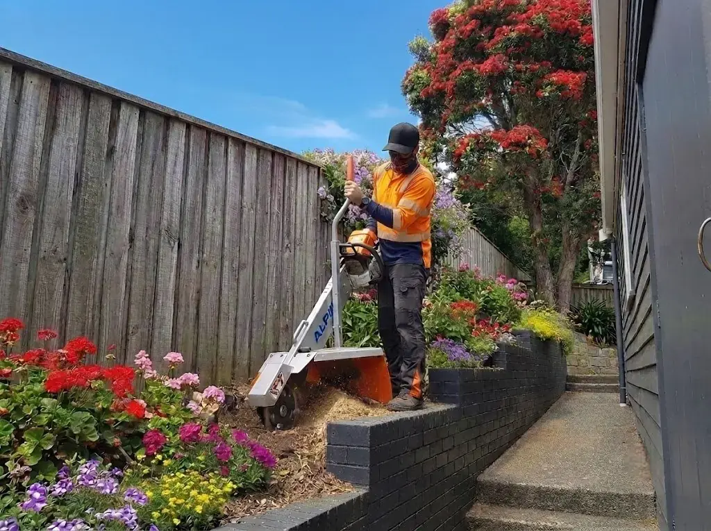 Operator using a portable Alpine stump grinder in a raised garden bed beside steps